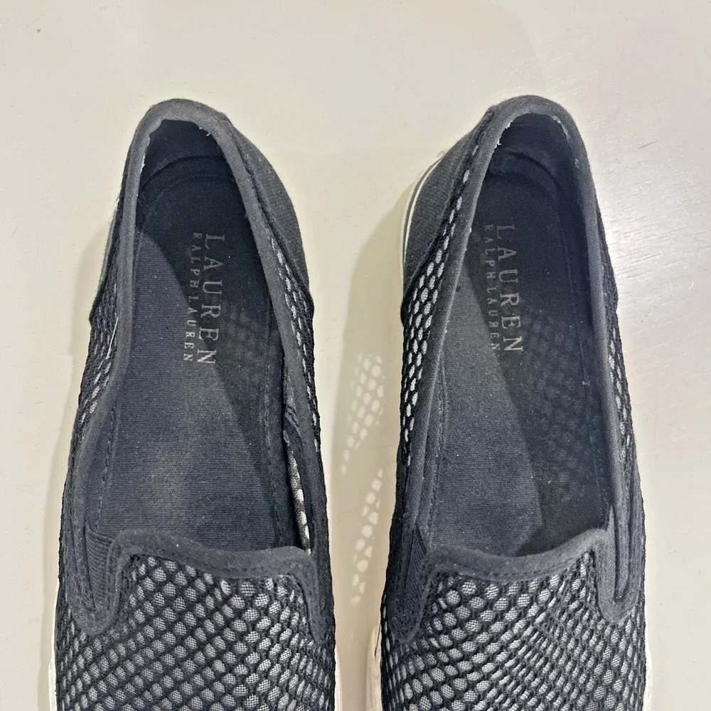 Lauren Ralph Lauren Janis Women Sz 7 Slip on Sneakers Black Mesh Preppy Sailing